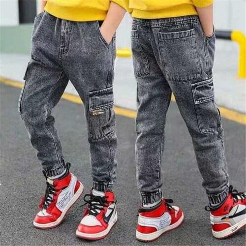Autumn Spring Jeans For Boys 2021 New Teenager Clothes Casual Elastic Waist Letter Print Patchwork Childrens Trousers Kid Pants