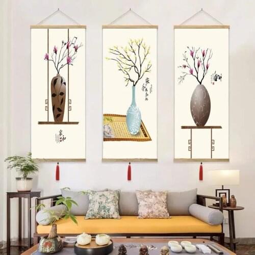Wood Scroll Painting Chinese Style Vase Canvas Painting Poster Art Wall Hanging Living Room Bedroom Vintage Room Decor Aesthetic