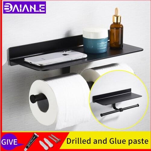Toilet paper holder black Wall mounted washroom Lengthen roll paper holders screw free installation bathroom Mobile phone rack