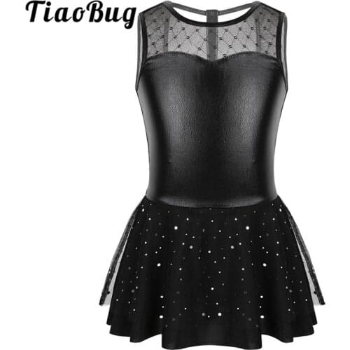 TiaoBug Kids Teens Metallic Mesh Splice Glitter Ballet Tutu Gymnastics Leotard Dress Children Girls Figure Skating Dance Costume