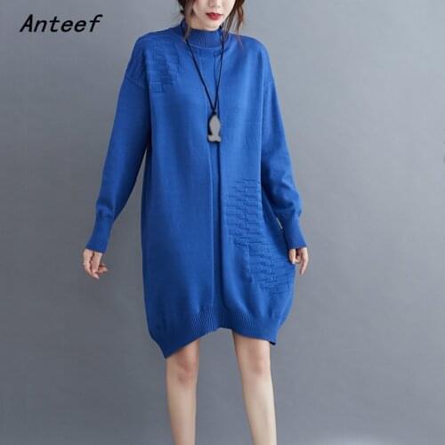 Long sleeve plus size knitted vintage dresses for women causal loose midi autumn winter sweater dress elegant clothing 2021