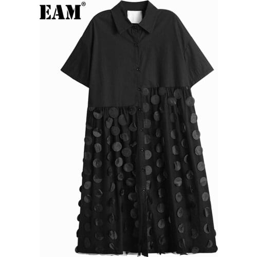 [EAM] Women Black Dot Printed Big Size Shirt Dress New Lapel Short Sleeve Loose Fit Fashion Tide Spring Summer 2021 1DE1870