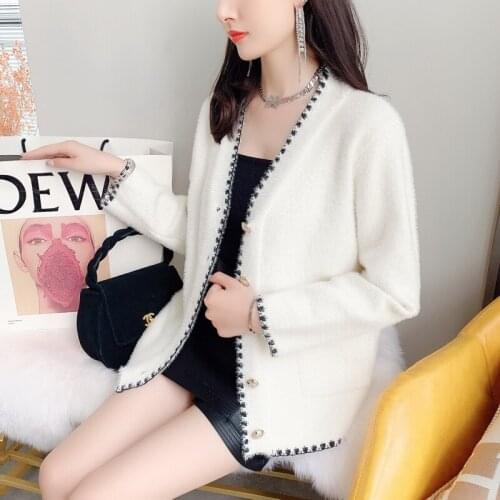 2021 Rushed And 3 Shelves) Real Shot Imitation Mink Hair V-neck Color Matching Long Sleeve Pocket Miao Kou Knitted Cardigan 50