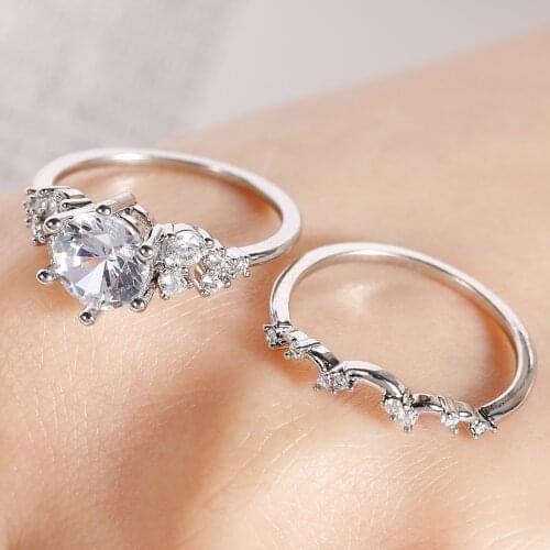Classic 2 PCS/Set Hot Sale White Zircon Copper Crystal Ring Set For Women Engagement Party Wedding Jewelry Hand Accessories