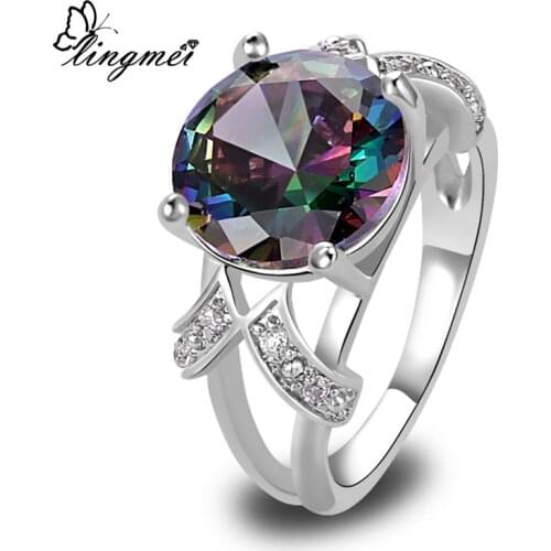 Lingmei Mystic Rainbow Green Purple CZ Great Silver Color Ring Fashion Women Jewelry Size 6 7 8 9 10 11 12 13 Gift Wholesale