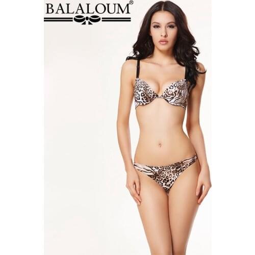 Balaloum Women Sexy Leopard Print 3/4 Cup Push Up Bra Brassiere and Panty Sets Seamless G-Strings T Back Thongs Soft Lingerie