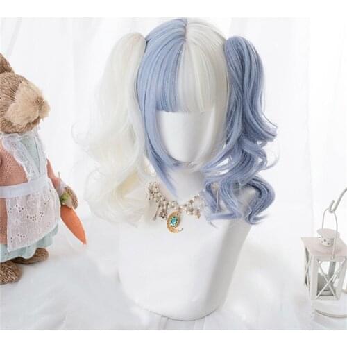 CosplayMix Lolita Ponytails Blue White Ombre Long Straight Bangs Cute Bob Synthetic Hair Cosplay Wig
