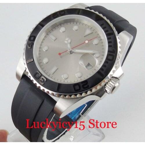 Fashional Men Watch Grey Dial MIYOTA Movement with Brushed Black Ceramic Bezel 40mm Silver Color Case Rubber Strap