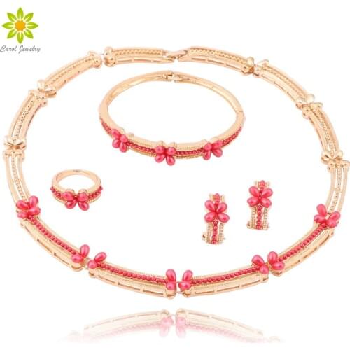 Fashion African Imitation Pearl Jewelry Sets Wedding Gold Color Necklace EarringsSet Party Women Fashion Bridal Ring Bracelet
