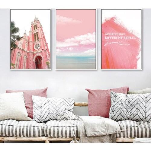 Pink Castle Building Wall Art Poster Prints Ocean Landscape Canvas Painting Nordic Scandinavian Pictures for Living Room Decor