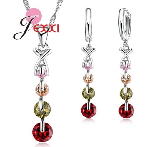New Women 925 Sterling Silver Crystal Necklace Earrings Set For Wedding Accessory Colorful CZ Zircon Bridal Jewelry Sets