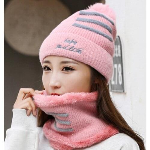 New Winter Womans Hats Plus Velvet Thicken Warm Beanies Neck Bib Knitted Woolen Hat Two-piece Suit Trendy Ladies Ski Sports Cap