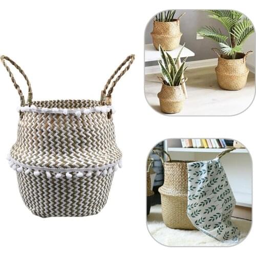 Woven Seagrass Belly Basket with Beads for Storage Plant Pot Container Laundry Picnic Grocery Organizer Basket Household Decor