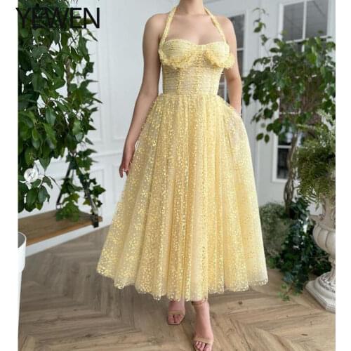 Dusty Yellow Tulle A Line Long Prom Dresses Golden Flower Spaghetti Straps Tiers Draped Top Evening Gowns with Pockets