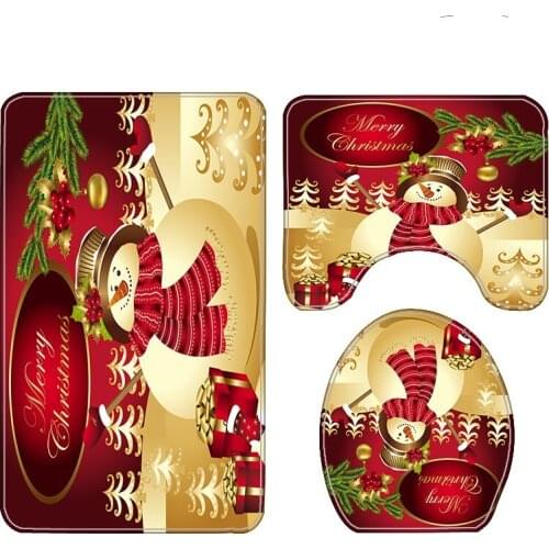 Christmas 3D Digital Printing Christmas Snowman Shower Curtain Bathroom Floor Mat Base Mat Toilet Mat Home Happy Shower