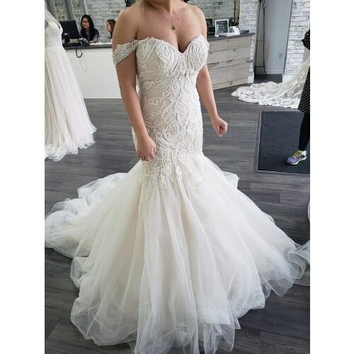 Off Shoulder Lace Mermaid Wedding Dresses Plus Size Sweetheart Beading Open Back Court Train Bride Dress 2021 Vestidos De Noiva