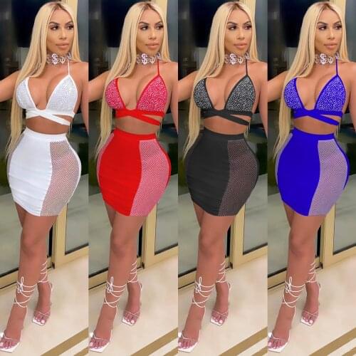 CM.YAYA Sexy Hot Rhinestones Matching Sets Women Sexy Club Party 2 Piece Outfits Spaghetti Strap Crop Top And Midi Skirt Suit