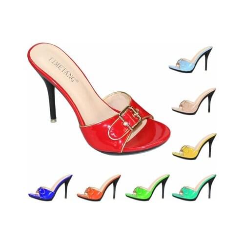 Candy Color Slippers Women Shoes Sexy Patent Leather High Heel 10.5CM Pointed Toe Sandals Shoes Women 2019 Female Wedding Shoes
