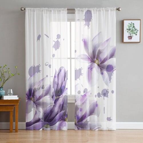 Park Plant Purple Flower Lotus Tulle Window Curtain for Living Room Modern Sheer Curtain for Bedroom Kitchen Drapes Custom