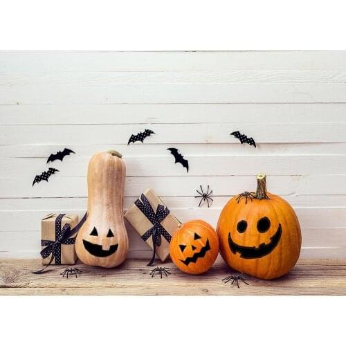 Halloween Pumpkin Bat White Wooden Board Photography Backdrop Vinyl Background Photo Studio for Children Baby Shower Photoshoot