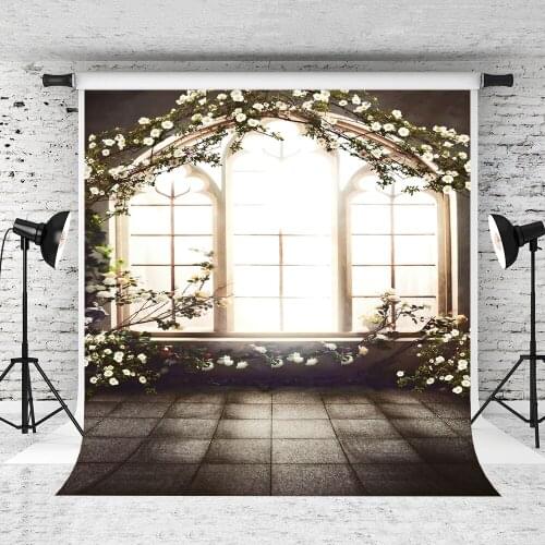 VinylBDS Children Photography Background Window Gray Floor Backdrops White Flower Background Floral Collapsible Wedding Backdrop