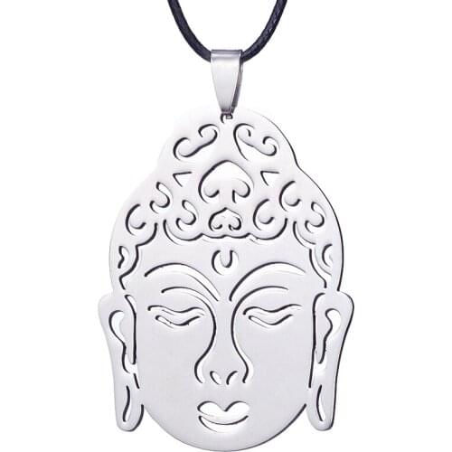 ZRM Jewelry Stainless steel Necklace Religious Buddha Head Pendant for Women Silver Color Leather Chain Necklace For Men Women