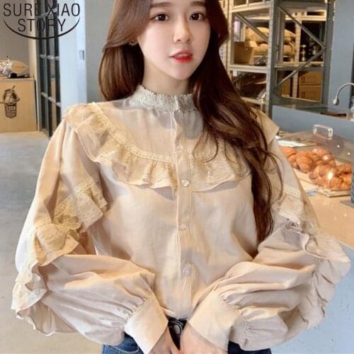 2021 Spring new Vintage Women Loose Lace Blouse Shirts Fashion Casual Elegant Women Tops and Blouses Lantern Long Sleeve Blusas