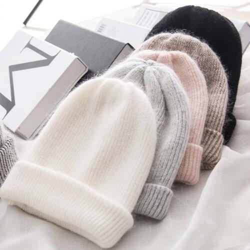 Women Skullies Beanies Soft Hats Wool Beanies Women Knitted Winter Hat Female Warm Rabbit Fur Beanie Girls Solid Bonnet