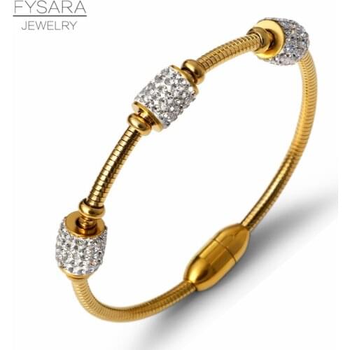 FYSARA Rose Gold Color Twist Bangles Cable Wire Stainless Steel Bracelets Austrian Crystals Magnetic Buckle Bangles For Women