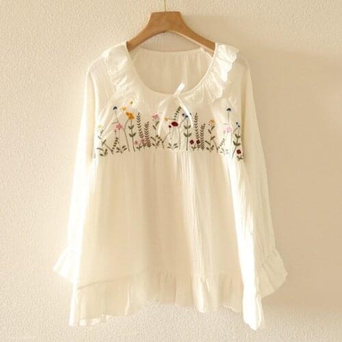 Ladies Long-sleeved Gauze Cotton Pajama Set Women Retro Embroidered White Pajamas Women Sleepwear 2 Piece Pijama Home Clothing