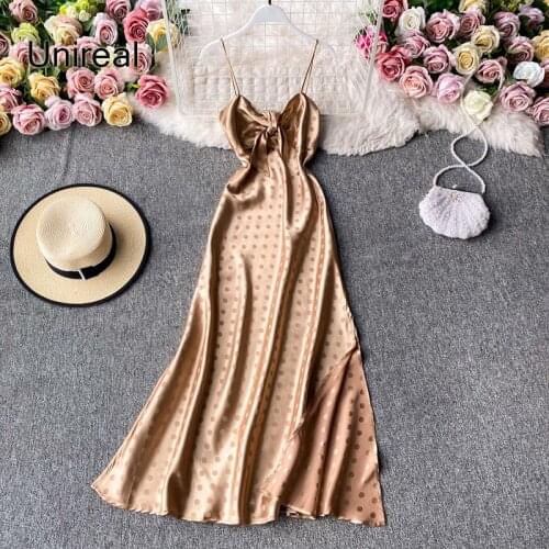 Unireal 2021 Summer Women Satin Parrty Dress Sleeveless Vintage Polka Dot Print Sexy Long Satin Slip Dress