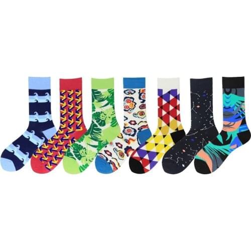7pairs/lot Funny Novelty Men Crew Cotton Happy Socks British Style Colorful Abstract Pattern Harajuku Fashion Calcetines Hombre