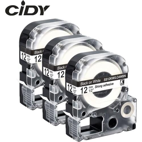CIDY 3pcs 12MM Black on White SS12KW/LC-4WBN9 LC-4WBN label tape ribbon for kingjim/epson label maker SR150 LW300 LW400 LW-700P