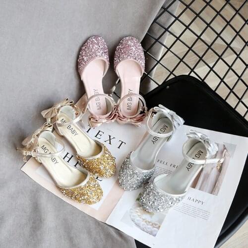 Princess Kids Leather Shoes For Girls Flower Casual Glitter Children High Heel Girls Shoes Butterfly Knot Blue Pink Silver 2020