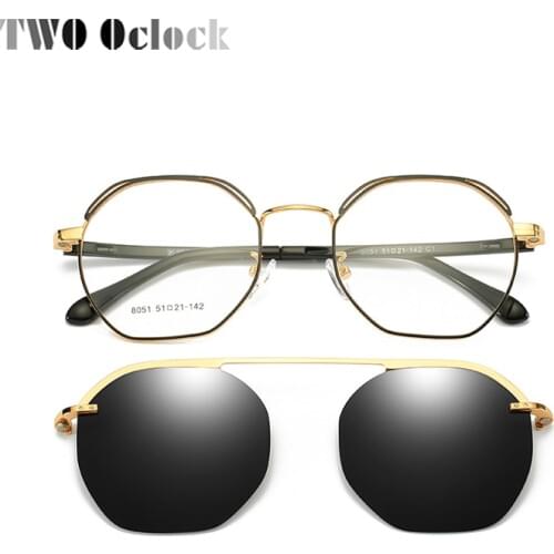 TWO Oclock Polygon Glasses Frame Magnetic Sunglass Clip On Eyeglasses Prescription Sunglasses Women Myopia Ladies 0 Degree Z8051