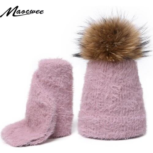 Two-piece Scarf Hat Set Real Fur Pom Pom Children Winter Female Warm Wool Beanie Knitted Soft Solid Elasticity Nature Fur