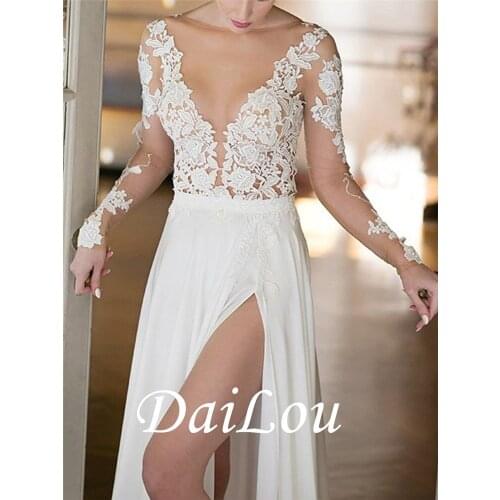 Split-Front Lace AppliquesFloor-Length Long Sleeves Beach Wedding Dress 2021