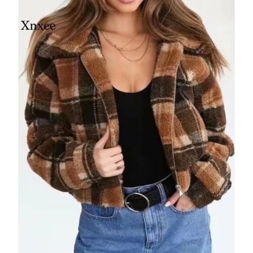 Fake Fleece Fluffy Jackets Women Thick Warmovercoat 2021 Plaid Teddy Coat Faux Fur Coats Teddy Bear Outerwear Casual Jackets