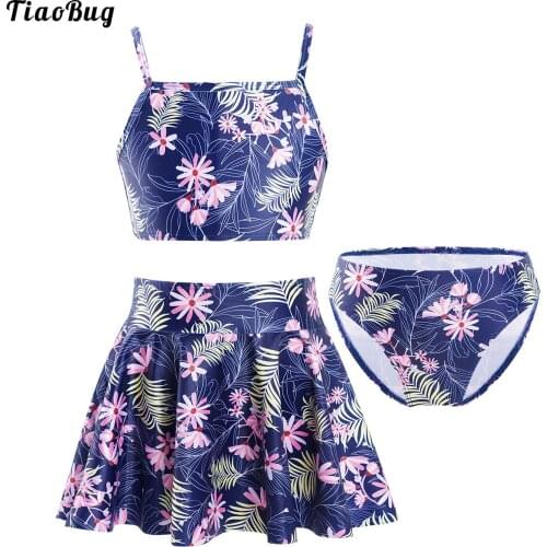 TiaoBug Summer 3Pcs Kids Girls Swimsuit Floral Print Adjustable Straps Crop Tops With Briefs And Skirt Beach Pool Bathing Suit