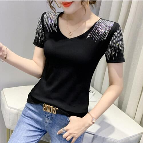 Summer European Clothes Cotton T-Shirt Chic Sexy Shiny Diamonds Solid Elegant Women Tops Bottoming Shirt Tees New 2021 T14503A
