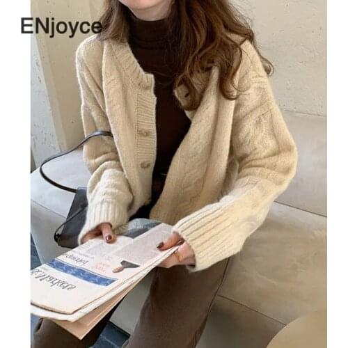 Spring Autumn Fashion Knitted Cardigan Sweater Women Simple Solid Thick Cropped Tops Loose Jumper Soft Warm Pull Femme