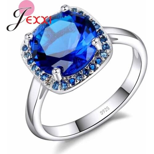 NEW Classic Shiny Dark Blue Rhinestone Ring 925 Sterling Silver Engagement Rings for Women Fine Jewelry