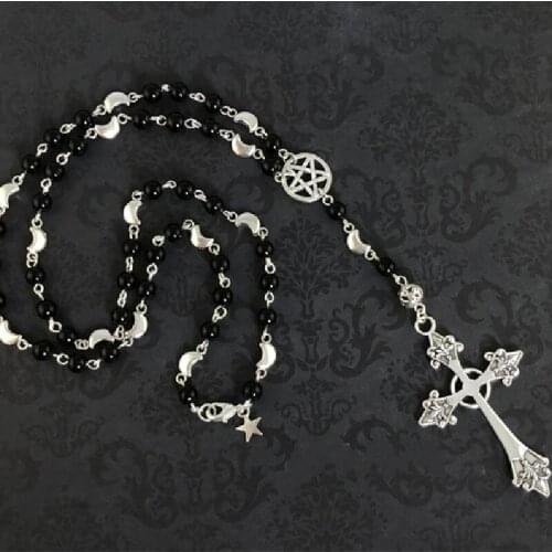 New Goth Rosary Necklace Prayer Beads Pentagram Beaded Trad Cross Halloween Pendant Witcher Charm Fashion Creativity Women Gift