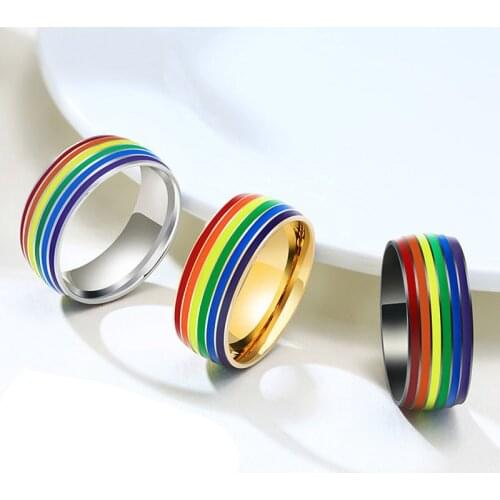 Wholesale Black Gold Silver Mens Womens Rainbow Colorful Rings Stainless Steel LGBT Wedding Band Lesbian & Gay Finger Jewelry