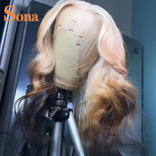 Colored Human Hair Wigs Transparent Blonde Highlight Lace Front Wigs Pre Plucked Brazilian Remy Ombre Lace Frontal Wig Hairstyle