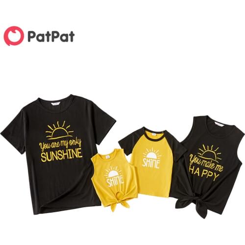 PatPat 2021 New Arrival Letter Print Color block Short Sleeve Matching Tops