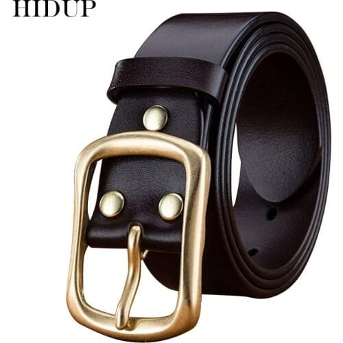HIDUP Mens Casual Style Quality Design Cow Skin Cow Genuine Leather Belt Brass Pin Buckle Metal Belts Jeans Accessories NWJ811