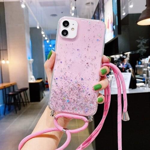 Luxury Bling Glitter Lanyard Silicone Phone Case For iPhone 13 12 11 Pro XS Max SE XR X 8 7 Plus Ultra-thin Necklace Rope Cover