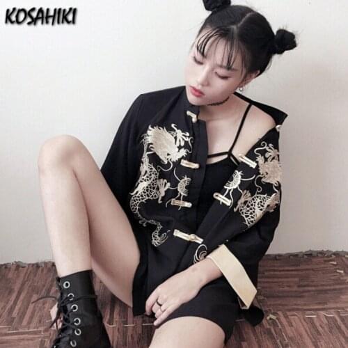 KOSAHIKI Harajuku Style Vintage Dragon Embroidery Thin Blouse Shirt Cartoons Half Sleeve Casual Loose Short Blusas Streetwear
