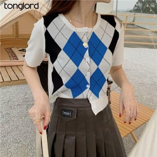 Summer O-Neck Vintage Sweater Women Short Sleeve Plaid Knitted Crop Sweaters Casual Female Slim Single Breated Sweater Tops